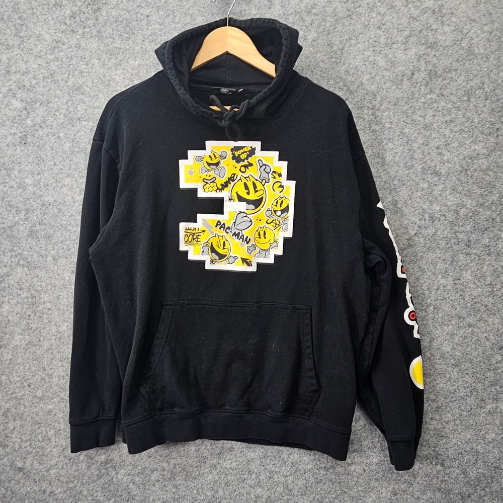 PACMAN Hoodie Large Black Graphic‎ Logo Retro Gamer Arcade Streetwear